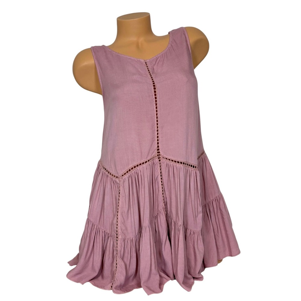 Altar'd State Womens Mauve Boho Tiered Babydoll Tunic Top Ladder Lace Trim Small